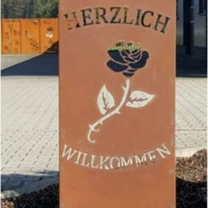 GA05 Edelrost Gartenschild "Herzlich Willkommen/ Rose und Hausnummer"
