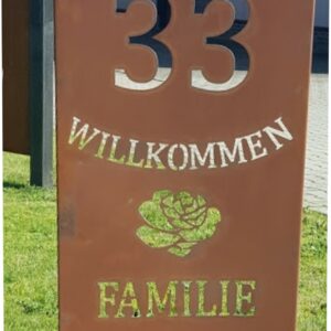 GA06 Edelrost-Gartenschild "Herzlich Willkommen/Hausnummer/Rose/Familie und Ihr Name