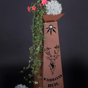 RS101 Konische Edelrost Säule "Weidmanns Heil" / "Waidmanns Heil" unter Edelstahlsonne