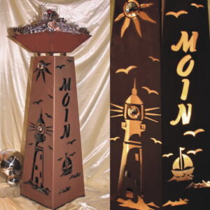 RS122 Konische Edelrost Säule "Moin und Leuchtturm unter Edelstahlsonne"