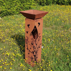 RS123 Edelrost Säule "Baum und Vögel am Feuer"