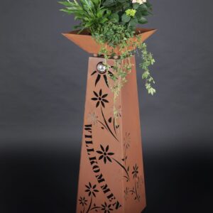 RS77 Konische Edelrost Säule "Willkommen mit Blumenranke unter Edelstahlsonne"